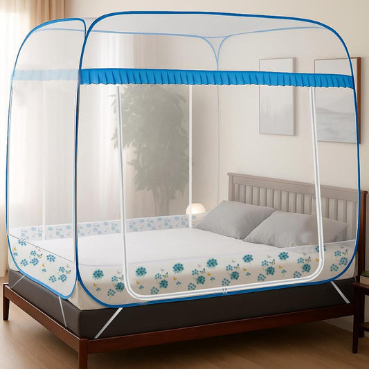 Supreme Plus King Size Bed, 3 Side Zipper Opening Doors/Stabilizing Ring & Mobile pocket(210x210x160cms)-Blue/Pink - Blue