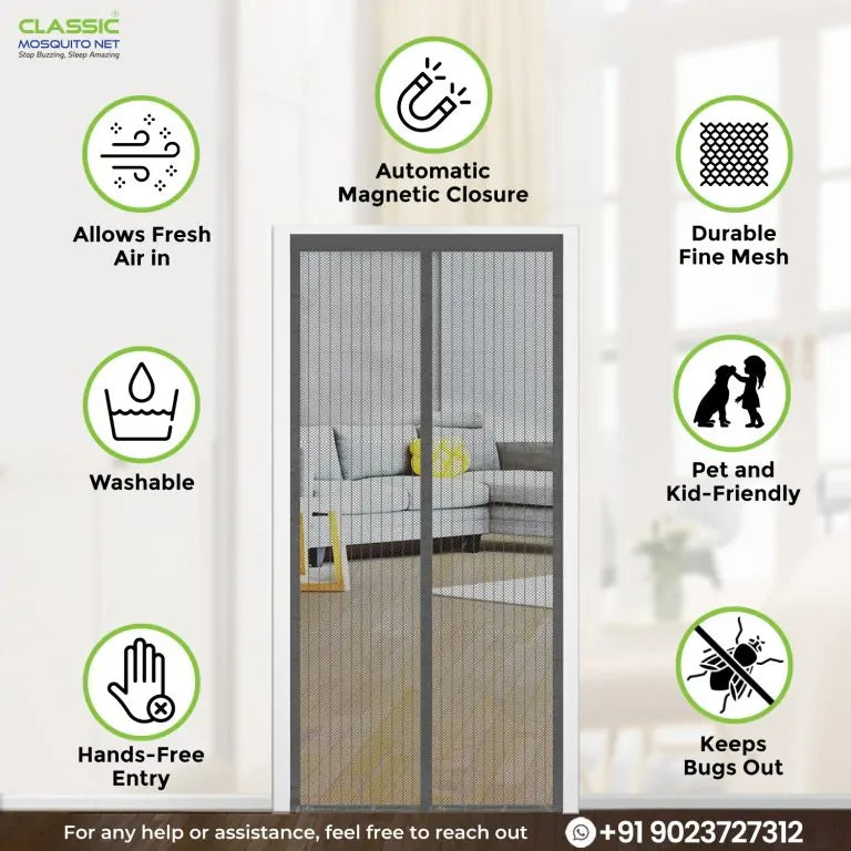 Grey Polyester Magnetic Mosquito Net for Door