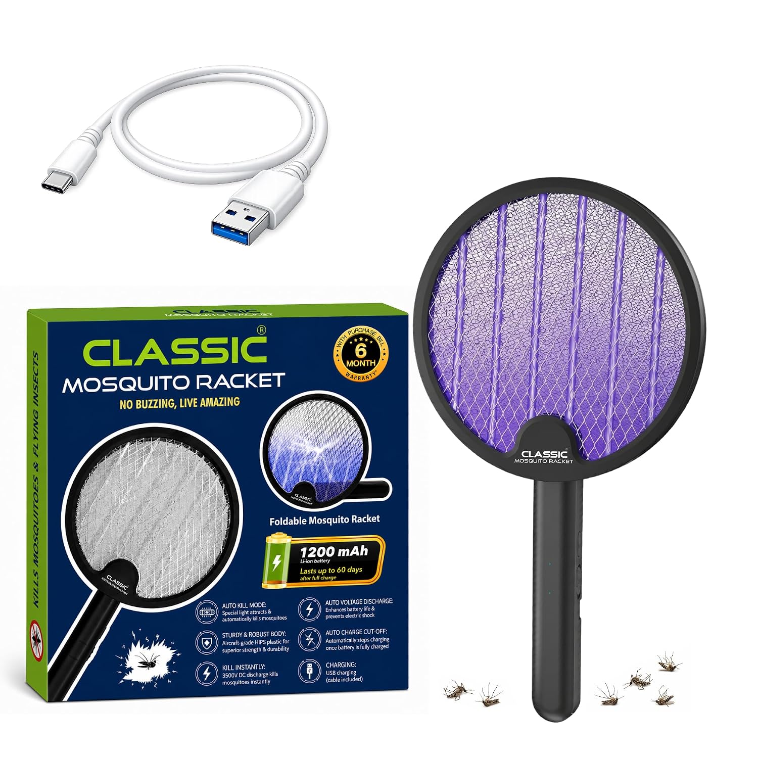 Mosquito Killer Racket, Mosquito Bat Electric with UV Light | 3500V Electric Fly Swatter, 1200mAh Rechargeable Battery, 2-in-1 Mosquito Killer Lamp for Home, Foldable Body, Black