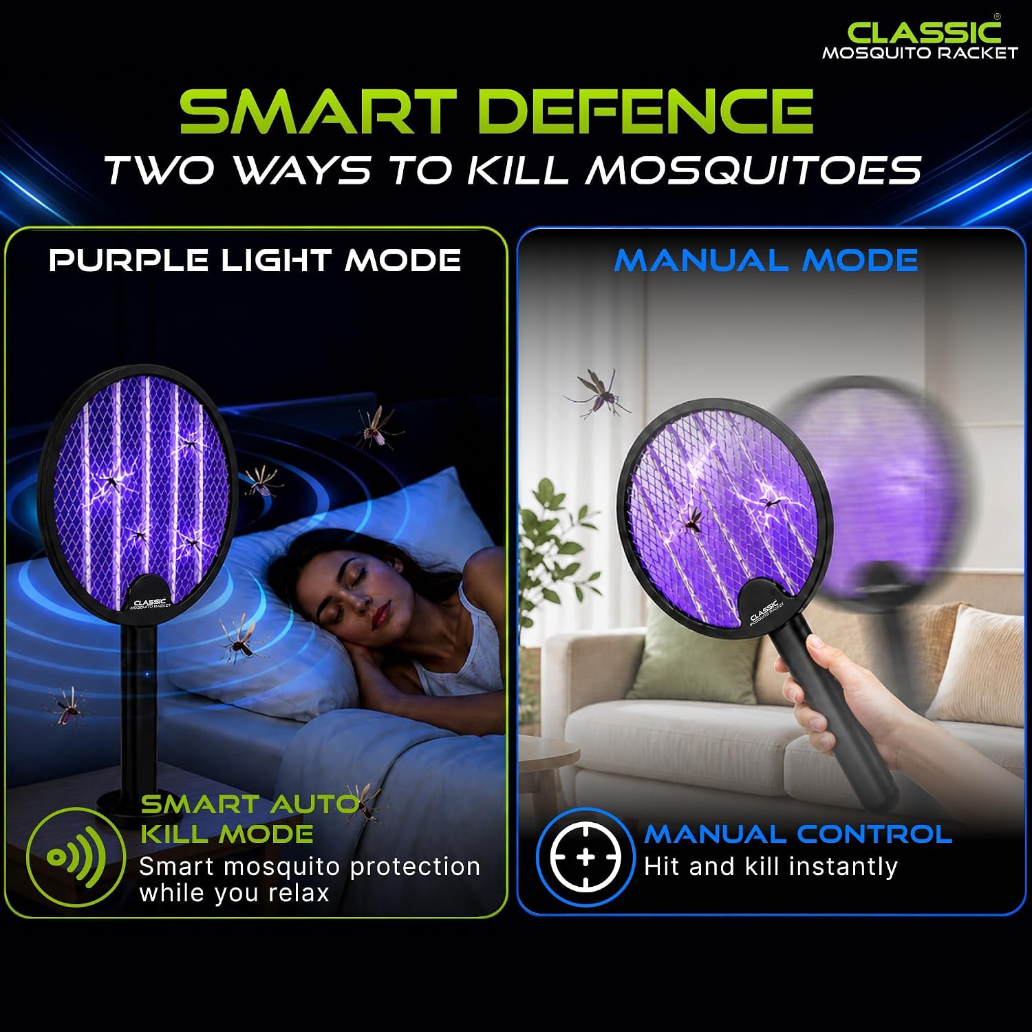 Mosquito Killer Racket, Mosquito Bat Electric with UV Light | 3500V Electric Fly Swatter, 1200mAh Rechargeable Battery, 2-in-1 Mosquito Killer Lamp for Home, Foldable Body, Black