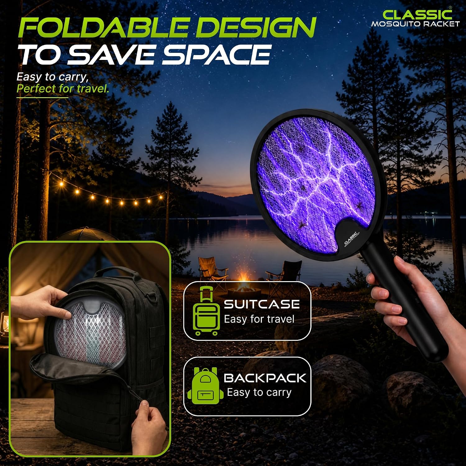 Mosquito Killer Racket, Mosquito Bat Electric with UV Light | 3500V Electric Fly Swatter, 1200mAh Rechargeable Battery, 2-in-1 Mosquito Killer Lamp for Home, Foldable Body, Black