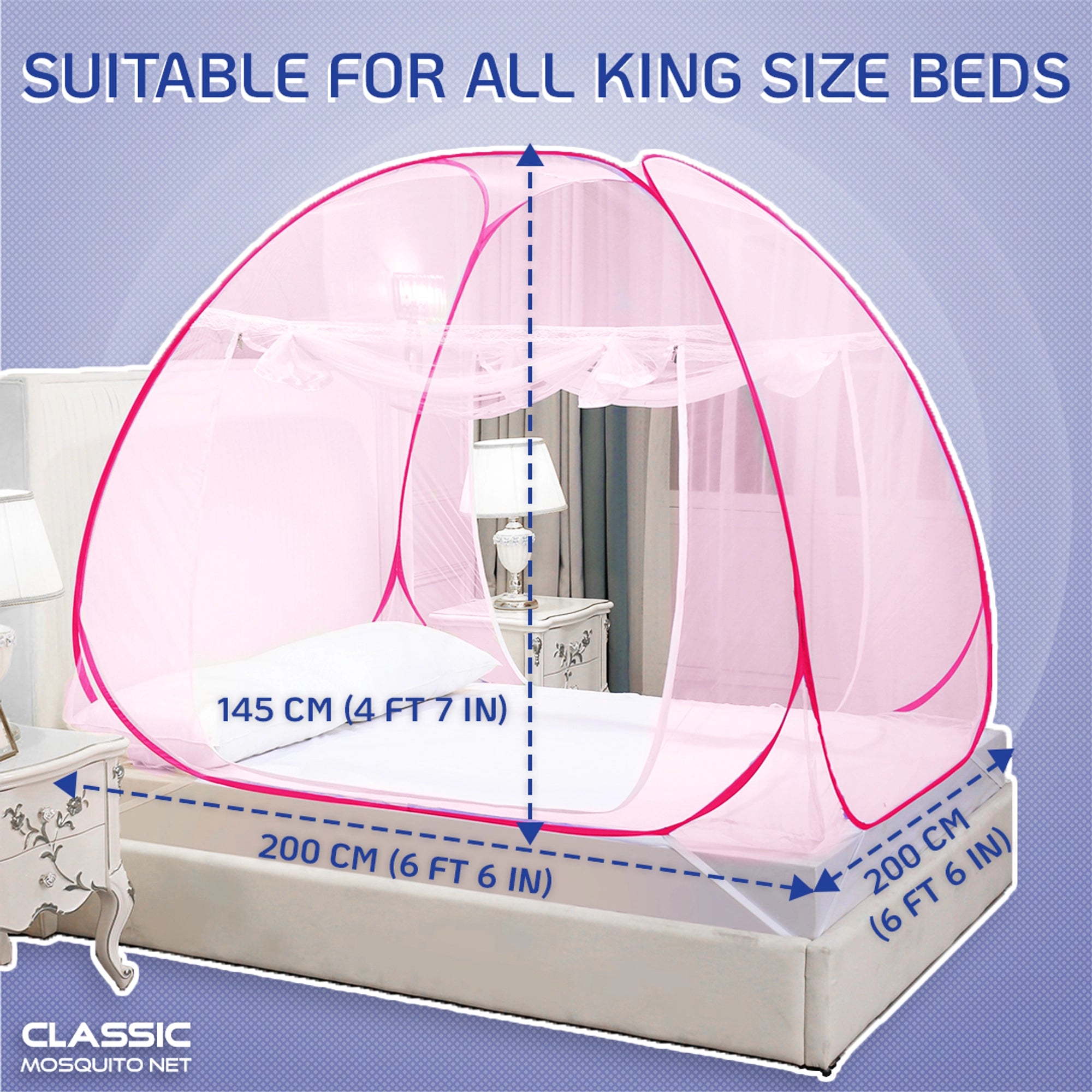 Mosquito Net for Double Bed/King Size(200x200x145cms)- Full Pink