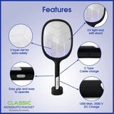 Classic Mosquito Racket Rechargeable Insect Killer Bat with UV Light, LED Light- Black