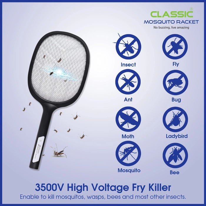 Classic Mosquito Racket Rechargeable Insect Killer Bat with UV Light, LED Light- Black