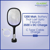 Classic Mosquito Racket Rechargeable Insect Killer Bat with UV Light, LED Light- Black