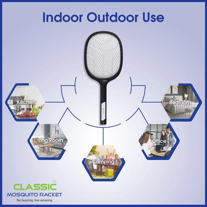 Classic Mosquito Racket Rechargeable Insect Killer Bat with UV Light, LED Light- Black