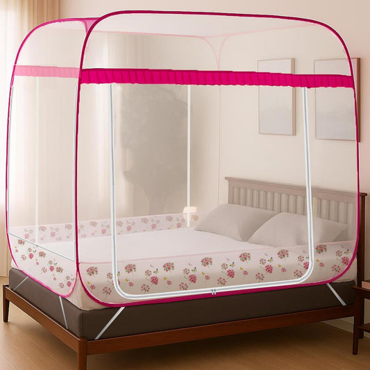 Supreme Plus King Size Bed, 3 Side Zipper Opening Doors/Stabilizing Ring & Mobile pocket(210x210x160cms)-Blue/Pink - Blue